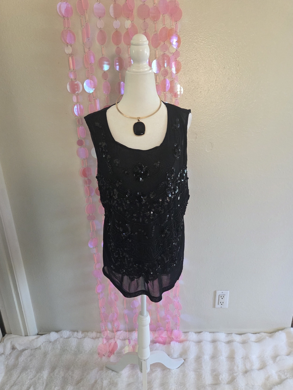 Ashley Stewart Black Beaded Sheer-Hem Camisole